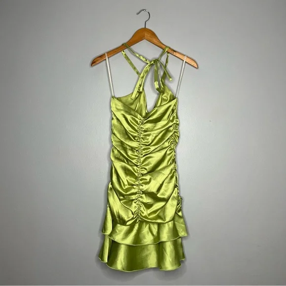 Jessica McClintock Y2K Green Silk Satin Ruched Dress H - Picture 2 of 8